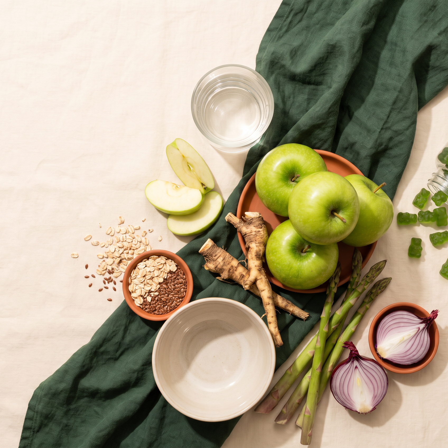 flat-lay של תפוחים ירוקים, שורש עולש, אספרגוס, שיבולת שועל ופשתן לצד כוס מים ובקבוק דובוני גומי בפלטת שמנת וירוק, בתאורת בוקר טבעית רכה