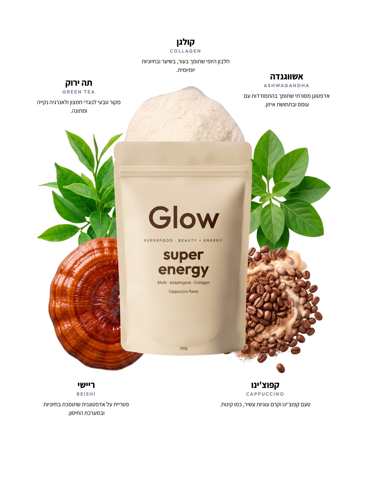 GLOW SUPER ENERGY · רכיבים עם טקסט