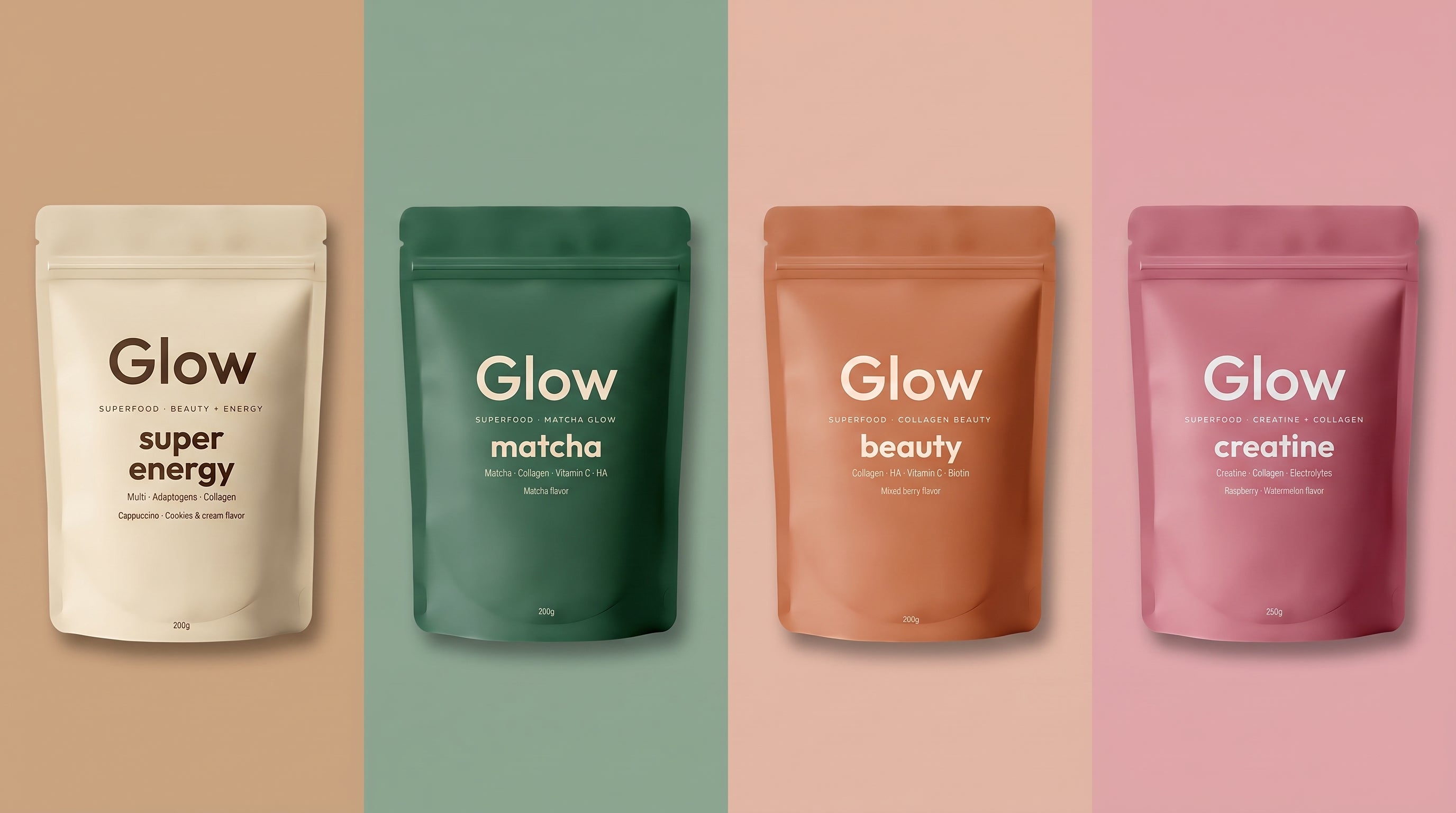 ארבע שקיות אבקת Glow — סופר אנרג'י, מאצ'ה, ביוטי וקריאטין